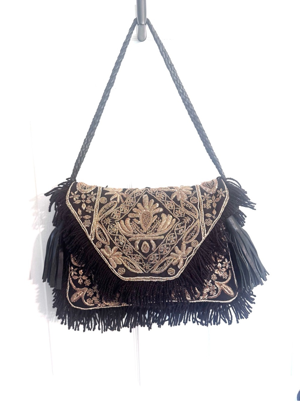 Clever Carriage Company Artisanal Gold Embroidered Black Purse with Fringe